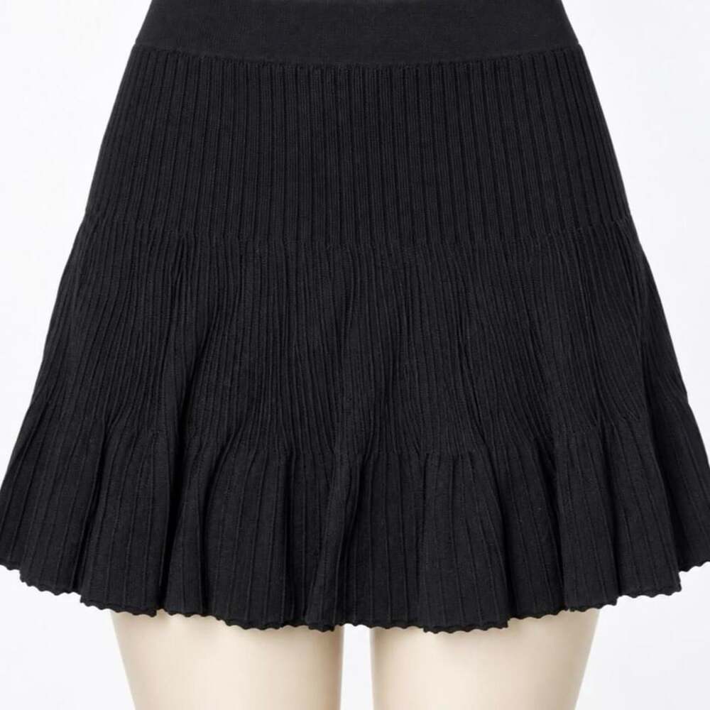 Black Ribbed Pleated Knit Mini Skirt Y2K Skater Style